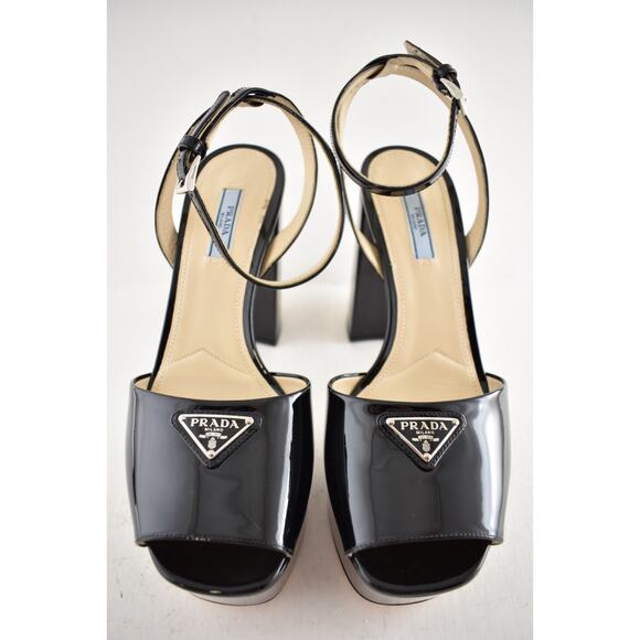 Prada 115 Black Patent Leather Platform Sandal Ankle Strap Block Heel Pump 40 - Picture 6 of 16